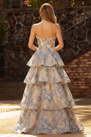 Load image into Gallery viewer, Sparkly Dusty Blue Tiered Floral Pearls Sweetheart Long Prom Dress with Slit