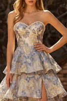 Load image into Gallery viewer, Sparkly Dusty Blue Tiered Floral Pearls Sweetheart Long Prom Dress with Slit