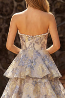 Load image into Gallery viewer, Sparkly Dusty Blue Tiered Floral Pearls Sweetheart Long Prom Dress with Slit