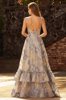 Load image into Gallery viewer, Floral Dusty Blue Jacquard Ruffled Long Corset Prom Dress with Ruffles
