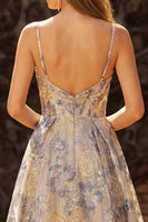 Load image into Gallery viewer, Floral Dusty Blue Jacquard Ruffled Long Corset Prom Dress with Ruffles