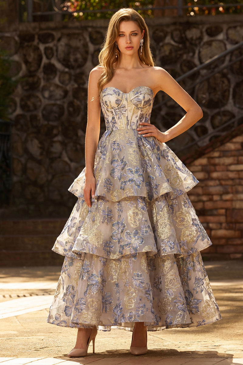 Load image into Gallery viewer, Floral Dusty Blue A Line Jacquard Tiered Long Corset Prom Dress