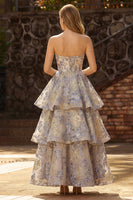 Load image into Gallery viewer, Floral Dusty Blue A Line Jacquard Tiered Long Corset Prom Dress