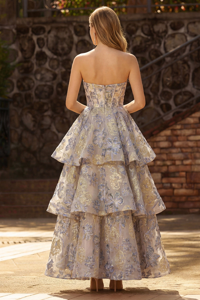 Load image into Gallery viewer, Floral Dusty Blue A Line Jacquard Tiered Long Corset Prom Dress