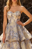 Load image into Gallery viewer, Floral Dusty Blue A Line Jacquard Tiered Long Corset Prom Dress
