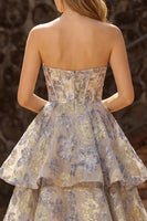 Load image into Gallery viewer, Floral Dusty Blue A Line Jacquard Tiered Long Corset Prom Dress