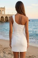Load image into Gallery viewer, Simple Ivory Satin One Shoulder Bodycon Short Graduation Dress with Slit