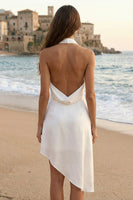 Load image into Gallery viewer, Ivory Satin A Line Halter Asymmetrical Graduation Dress with Slit