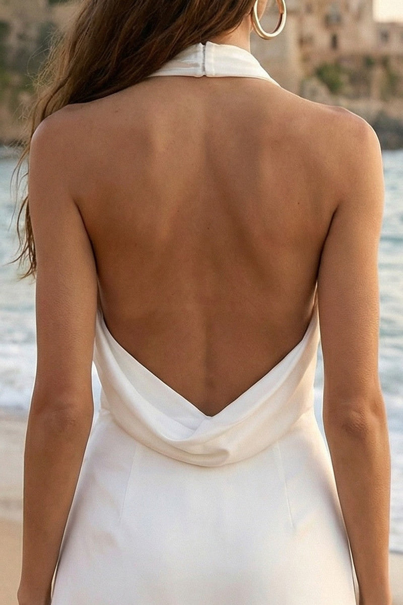 Load image into Gallery viewer, Ivory Satin A Line Halter Asymmetrical Graduation Dress with Slit