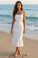 Load image into Gallery viewer, Ivory Thick Straps Bodycon Cut Out Midi Wedding Reception Dress with Ruffles