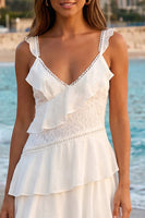 Load image into Gallery viewer, Flowy Ivory A Line Tiered V Neck High-Low Bridal Shower Dress with Ruffles