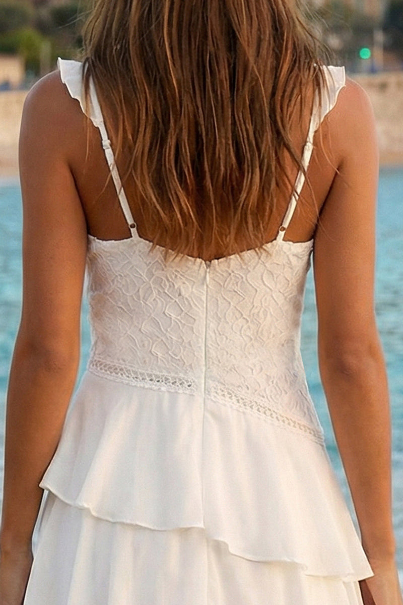 Load image into Gallery viewer, Flowy Ivory A Line Tiered V Neck High-Low Bridal Shower Dress with Ruffles