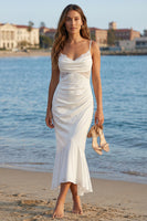 Load image into Gallery viewer, Ivory Cowl Neck Ruffled Mermaid Long Wedding Reception Dress with Lace