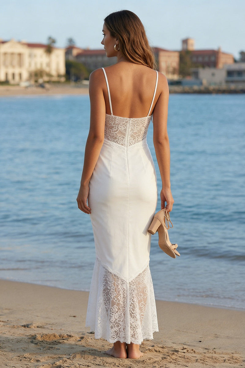 Load image into Gallery viewer, Ivory Cowl Neck Ruffled Mermaid Long Wedding Reception Dress with Lace