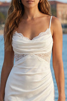 Load image into Gallery viewer, Ivory Cowl Neck Ruffled Mermaid Long Wedding Reception Dress with Lace