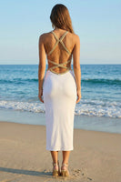 Load image into Gallery viewer, Sparkly Bodycon Ivory Cut Out Midi Weding Reception Dress with Beading