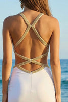 Load image into Gallery viewer, Sparkly Bodycon Ivory Cut Out Midi Weding Reception Dress with Beading