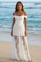 Load image into Gallery viewer, Boho Ivory Sheath Cold Shoulder Long Corset Wedding Reception Dress with Lace