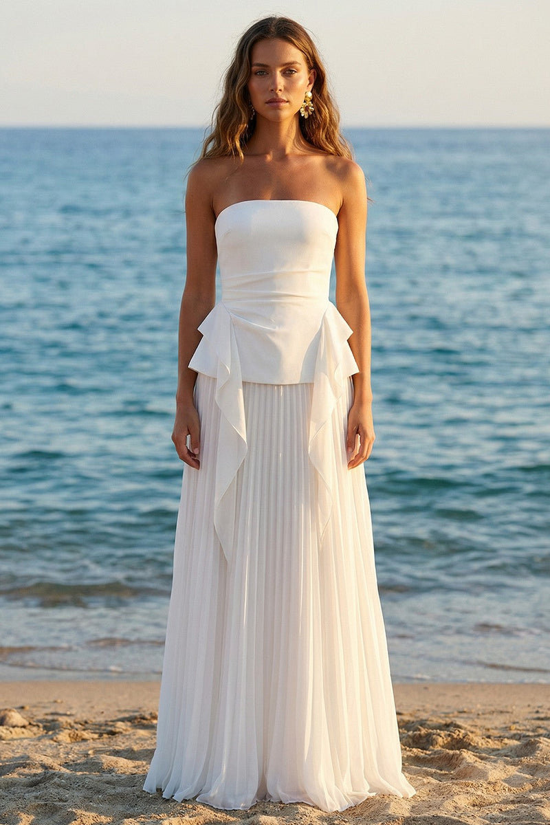 Load image into Gallery viewer, Ivory Strapless A Line Pleated Long Rehearsal Dinner Dress with Ruffles