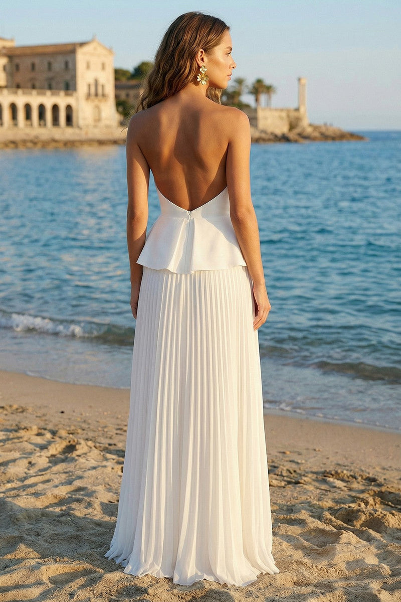 Load image into Gallery viewer, Ivory Strapless A Line Pleated Long Rehearsal Dinner Dress with Ruffles
