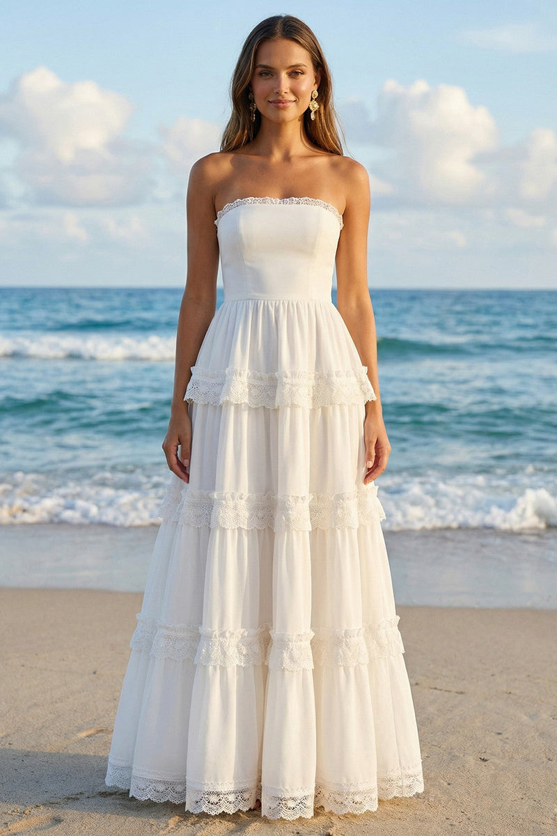 Load image into Gallery viewer, Ivory Strapless A Line Ruffled Long Rehearsal Dinner Dress with Lace