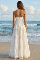 Load image into Gallery viewer, Ivory Strapless A Line Ruffled Long Rehearsal Dinner Dress with Lace