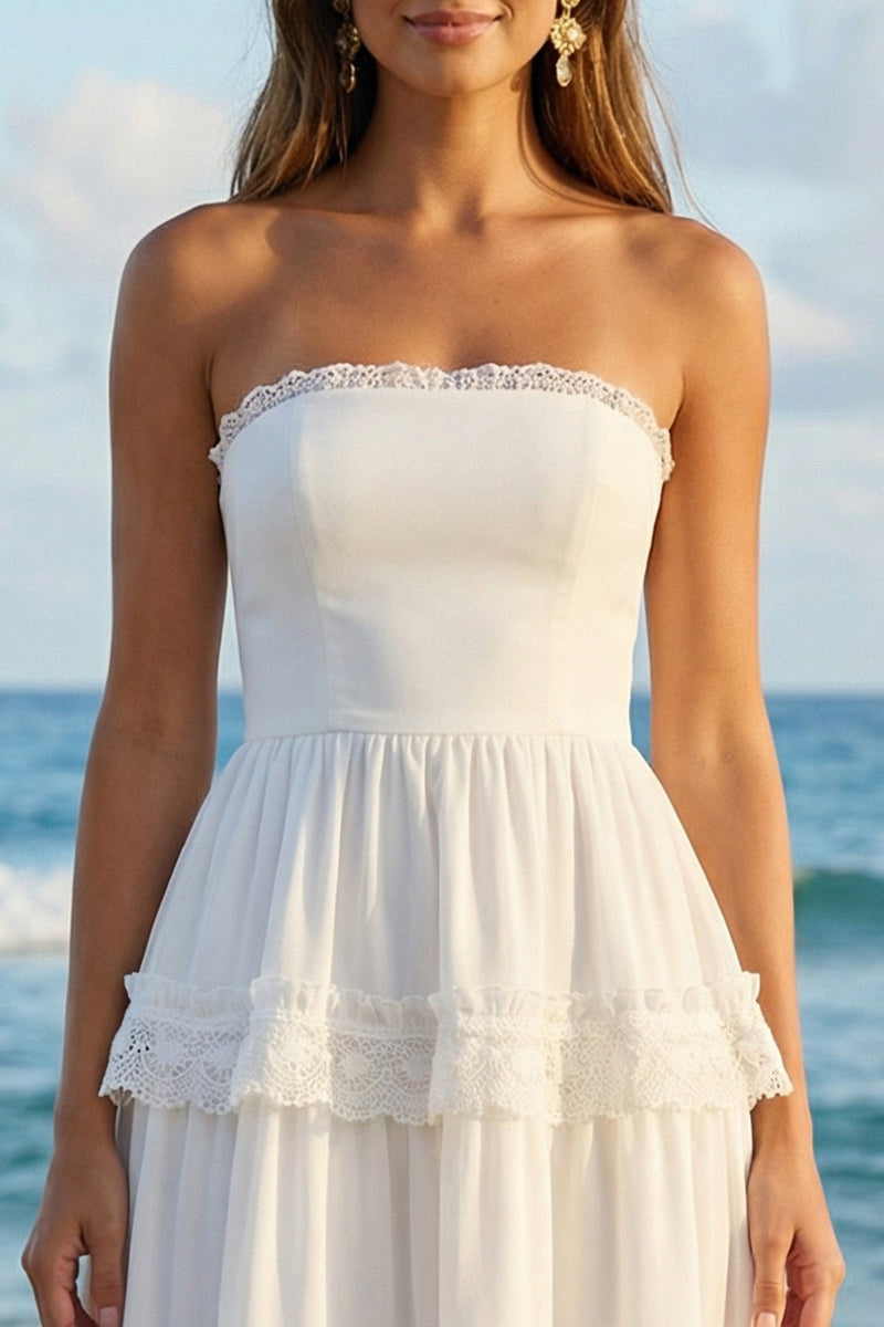 Load image into Gallery viewer, Ivory Strapless A Line Ruffled Long Rehearsal Dinner Dress with Lace