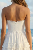 Load image into Gallery viewer, Ivory Strapless A Line Ruffled Long Rehearsal Dinner Dress with Lace