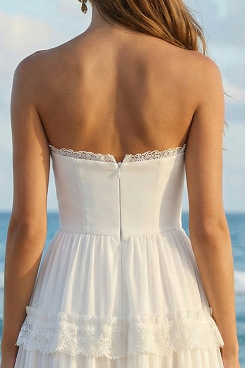 Load image into Gallery viewer, Ivory Strapless A Line Ruffled Long Rehearsal Dinner Dress with Lace