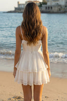 Load image into Gallery viewer, Ivory A Line Spaghetti Straps Short Tiered Graduation Dress with Ruffles