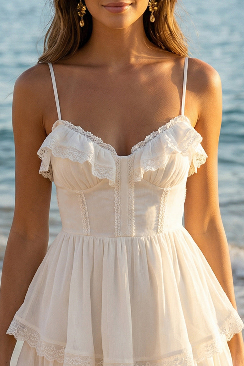 Load image into Gallery viewer, Ivory A Line Spaghetti Straps Short Tiered Graduation Dress with Ruffles
