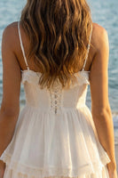 Load image into Gallery viewer, Ivory A Line Spaghetti Straps Short Tiered Graduation Dress with Ruffles