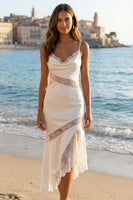 Load image into Gallery viewer, Ivory Sheath Satin Spaghetti Straps Midi Bridal Shower Dress with Lace