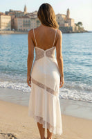 Load image into Gallery viewer, Ivory Sheath Satin Spaghetti Straps Midi Bridal Shower Dress with Lace