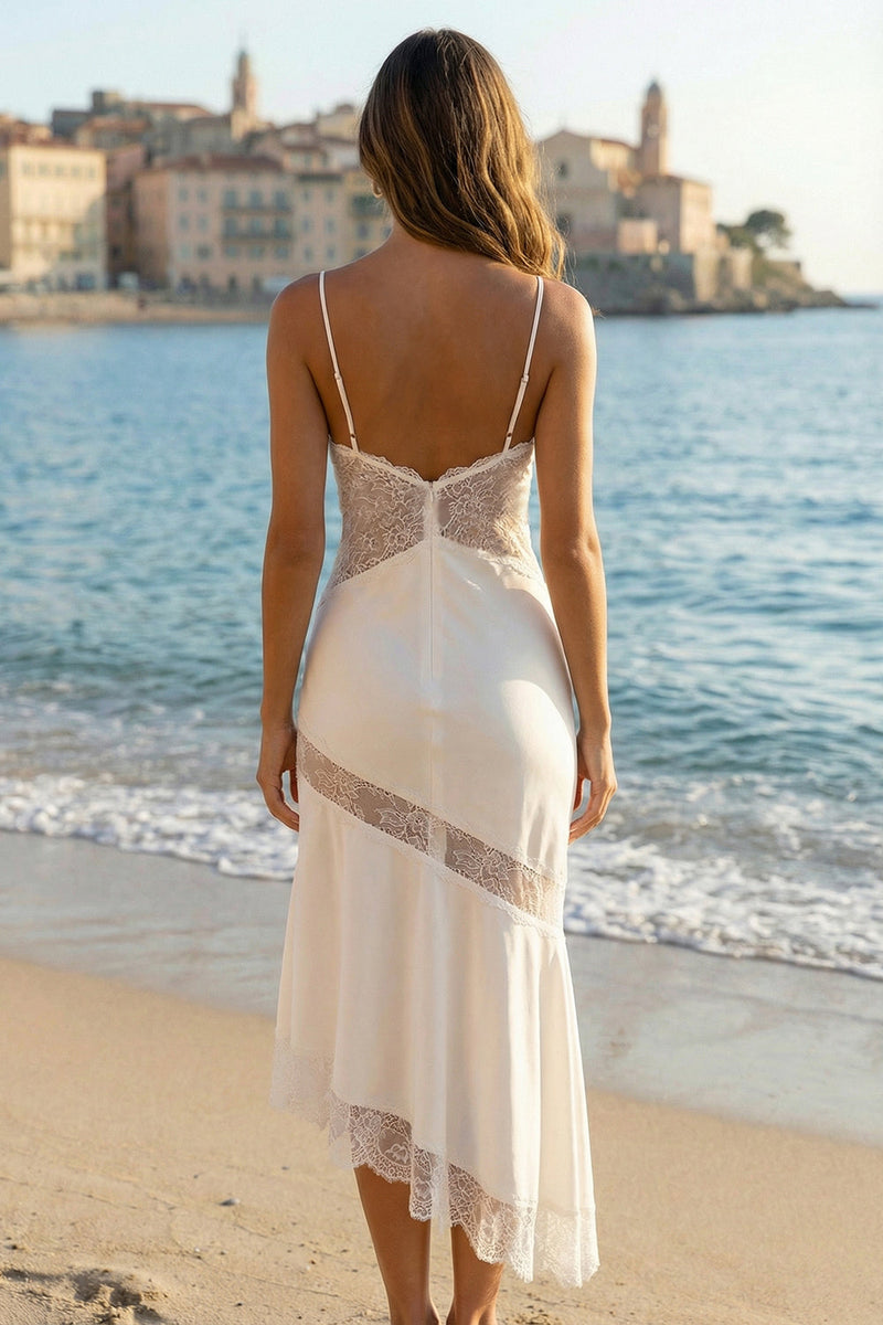 Load image into Gallery viewer, Ivory Sheath Satin Spaghetti Straps Midi Bridal Shower Dress with Lace