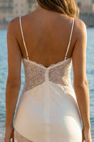 Load image into Gallery viewer, Ivory Sheath Satin Spaghetti Straps Midi Bridal Shower Dress with Lace