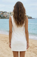 Load image into Gallery viewer, Ivory Boat Neck Ruched Bodycon Short Graduation Dress with Buttons