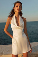 Load image into Gallery viewer, Ivory Satin Ruched Halter A Line Short Graduation Dress