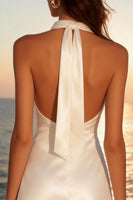 Load image into Gallery viewer, Ivory Satin Ruched Halter A Line Short Graduation Dress