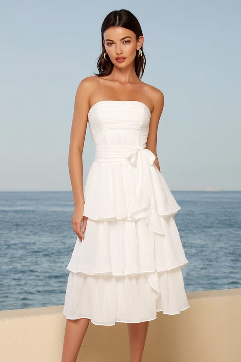 Load image into Gallery viewer, Ivory Tiered Strapless A Line Midi Bridal Shower Dress with Sash