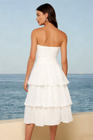 Load image into Gallery viewer, Ivory Tiered Strapless A Line Midi Bridal Shower Dress with Sash