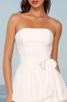 Load image into Gallery viewer, Ivory Tiered Strapless A Line Midi Bridal Shower Dress with Sash