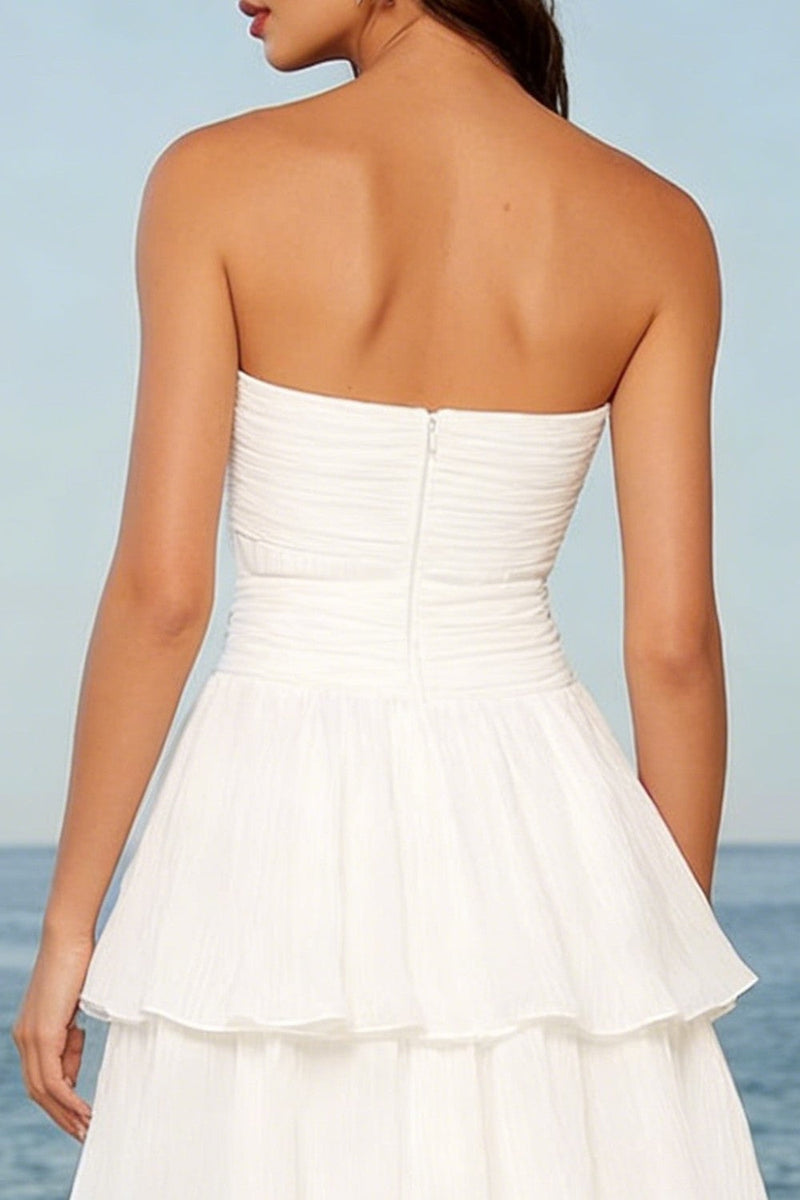Load image into Gallery viewer, Ivory Tiered Strapless A Line Midi Bridal Shower Dress with Sash