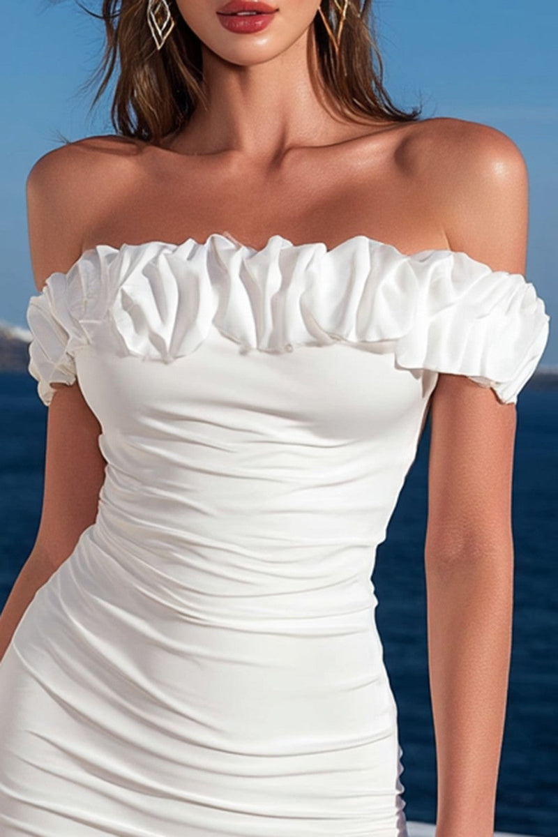 Load image into Gallery viewer, Ivory Bodycon Ruched Off the Shoulder Short Graduation Dress