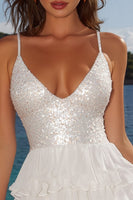 Load image into Gallery viewer, Sparkly Sequins Ivory A Line Tiered Short Graduation Dress