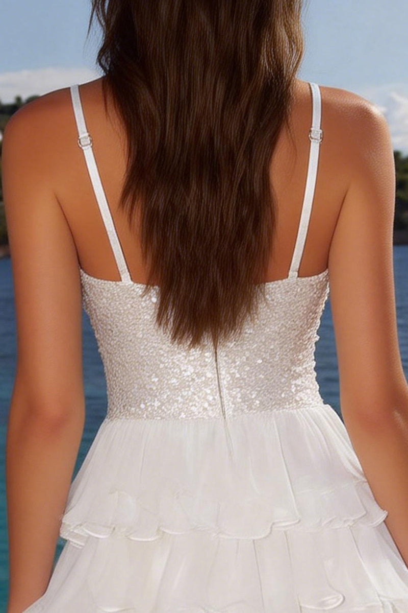 Load image into Gallery viewer, Sparkly Sequins Ivory A Line Tiered Short Graduation Dress