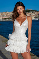 Load image into Gallery viewer, Sparkly Ivory Sequins Spaghetti Straps Tiered A Line Short Graduation Dress
