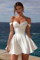 Load image into Gallery viewer, Ivory Off the Shoulder Satin A Line Short Graduation Dress
