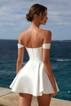 Ivory Off the Shoulder Satin A Line Short Graduation Dress