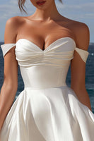 Load image into Gallery viewer, Ivory Off the Shoulder Satin A Line Short Graduation Dress